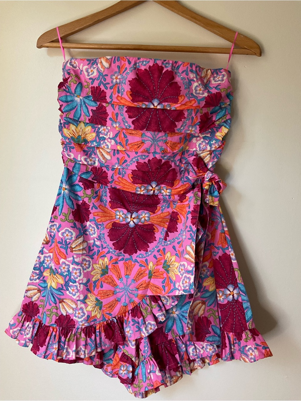 Olivaceous Pink Floral Wrap Sundress with Ruffle Hem